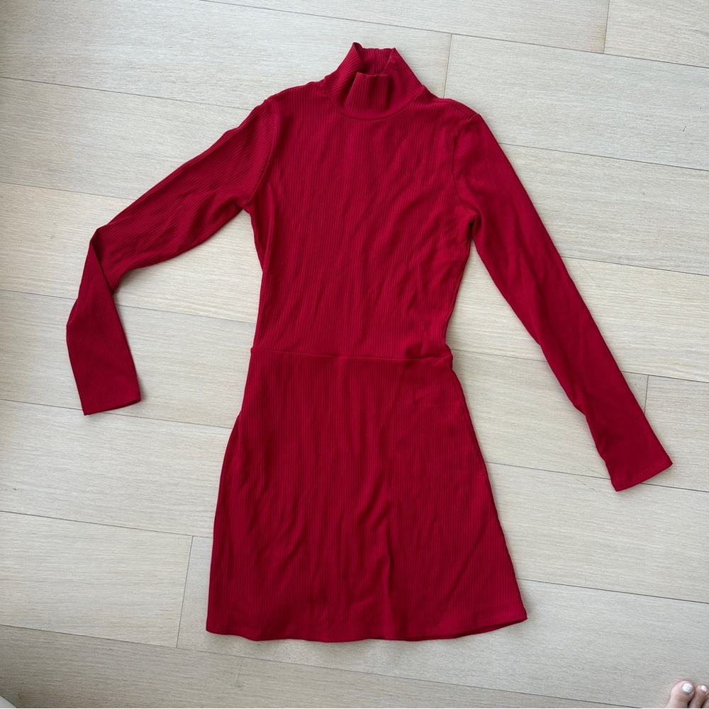 Reformation Red Ribbed Turtleneck Sweater Dress